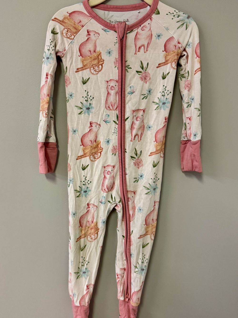 Pink Piglet-Print Kids Footed Pajamas with Front Zipper